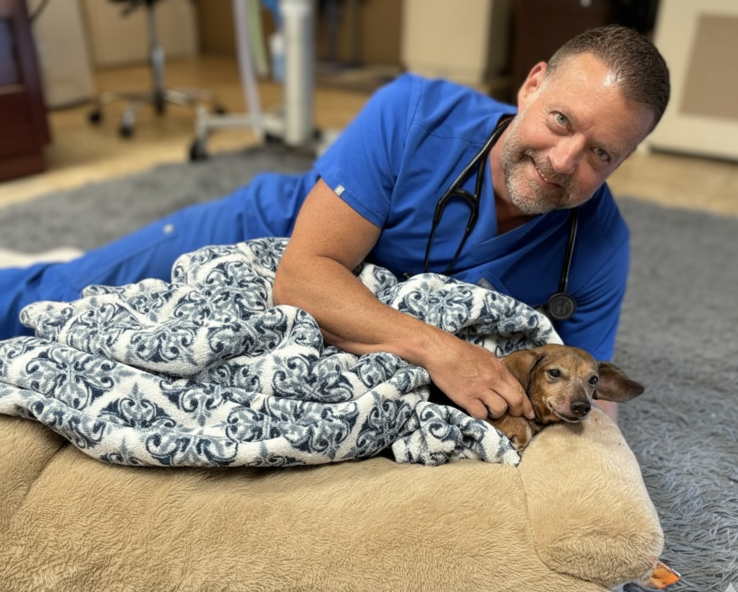 Dr. Pelton with a patient at Hearthstone Animal Clinic