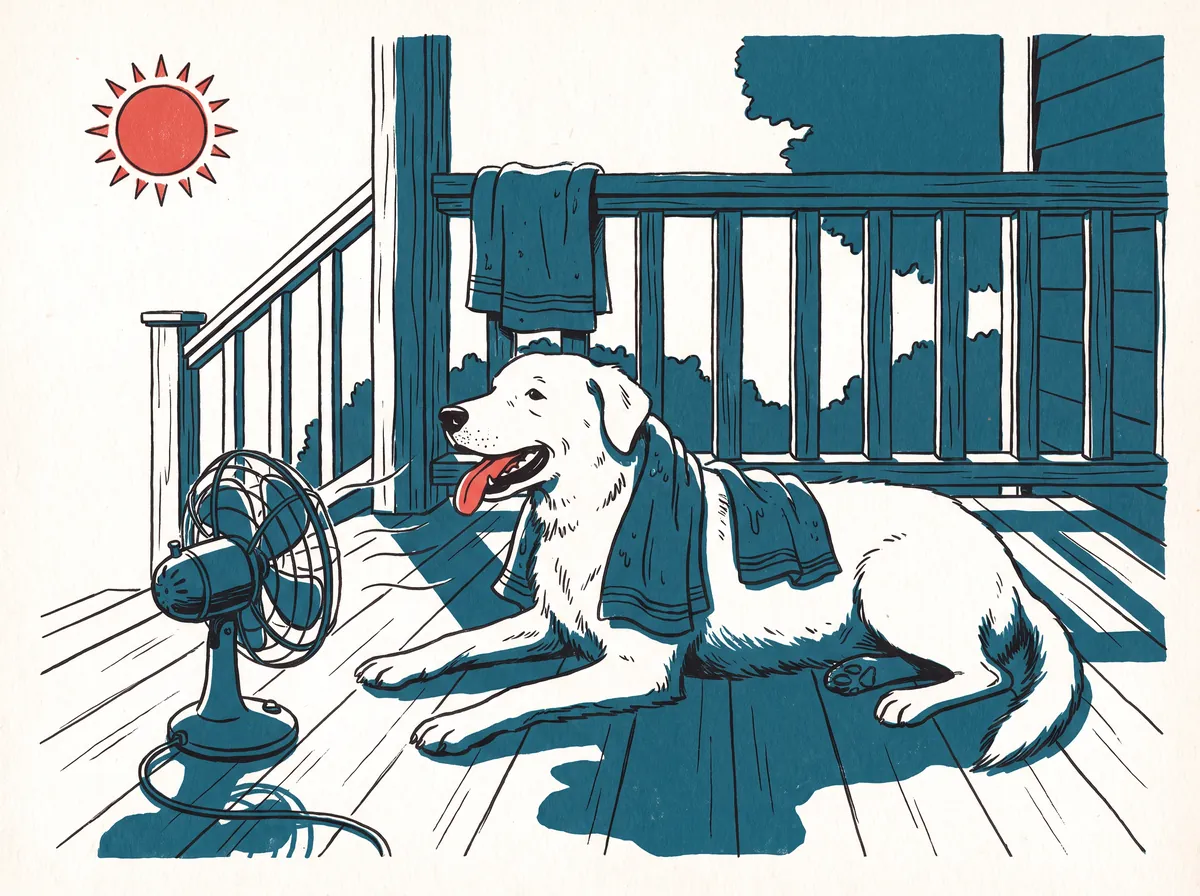 Illustration of a dog resting in the shade with damp towels on its neck and a fan blowing on it