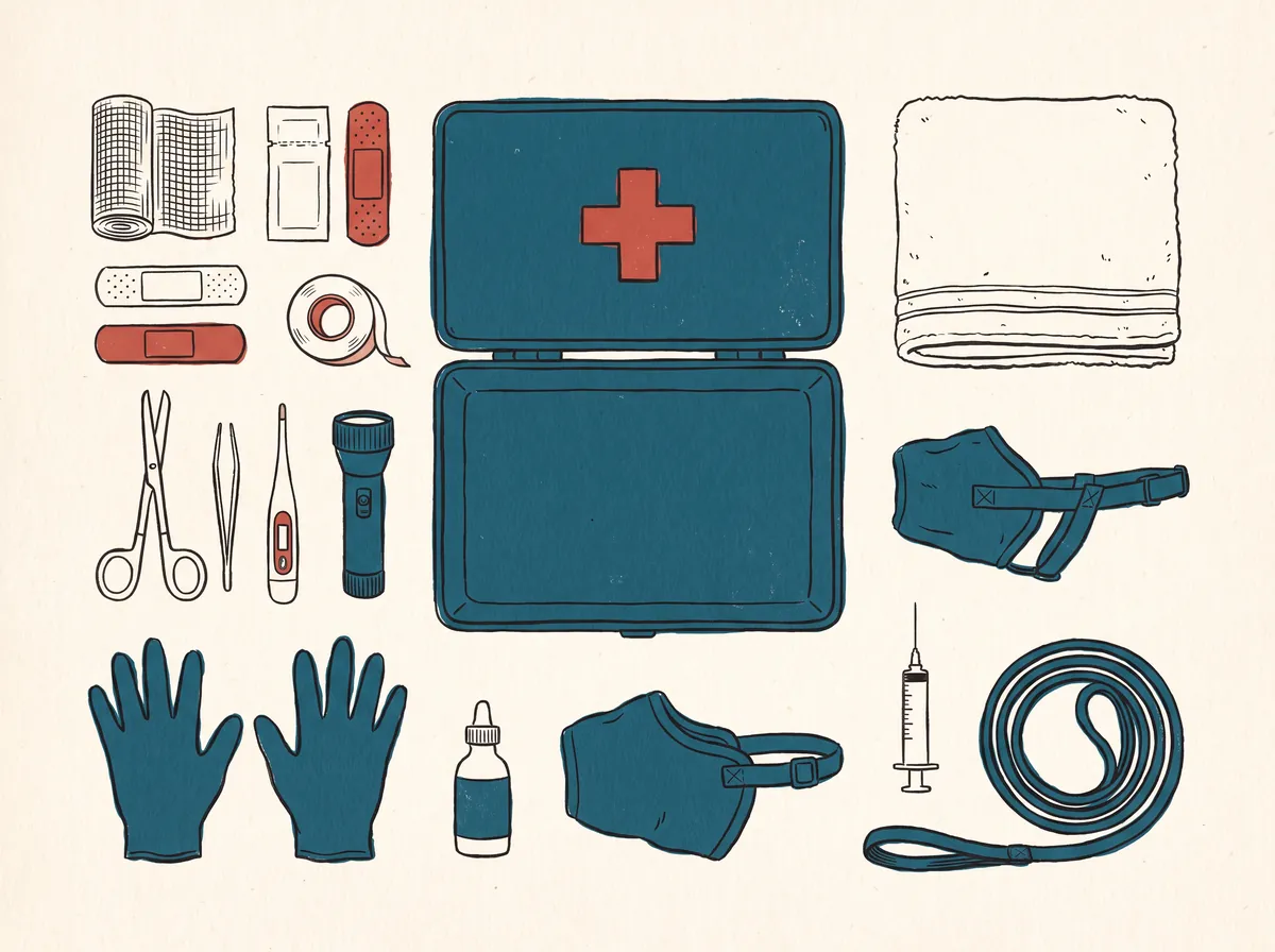 Illustration of an open pet first aid kit seen from above with gauze, bandages, scissors, tweezers, a thermometer, gloves, a muzzle, and a leash laid out around it
