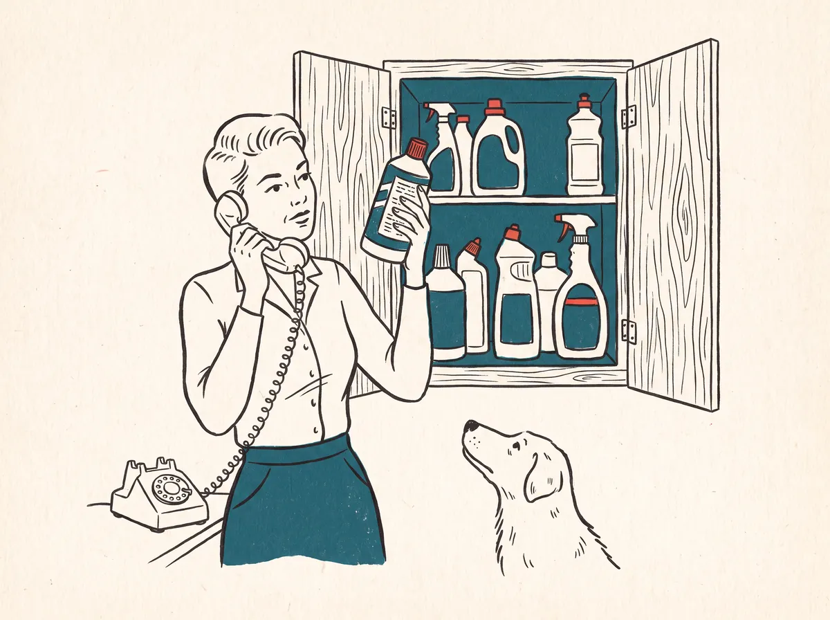 Illustration of a person on the phone reading the label of a cleaning product while their dog sits nearby