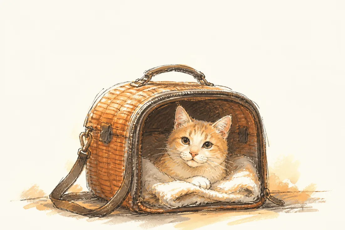 A calm cat resting in a cozy wicker travel carrier, ready for morning drop-off