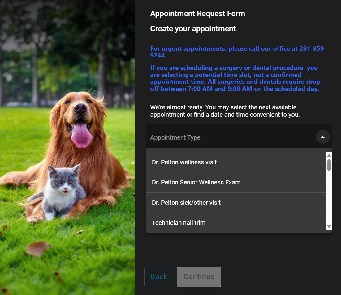 AllyDVM appointment form showing appointment type dropdown with Dr. Pelton Senior Wellness Exam option