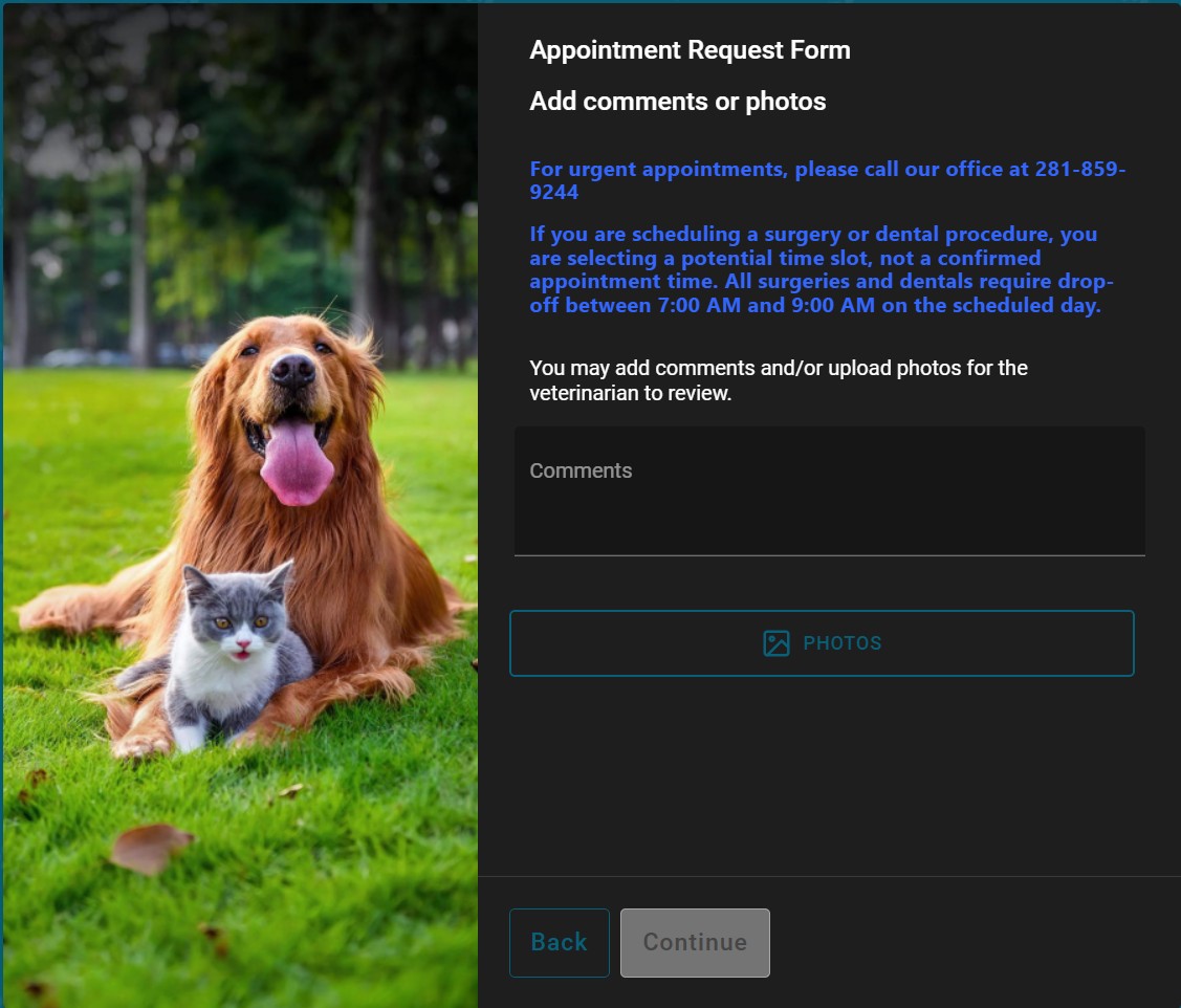 AllyDVM appointment form showing comment box where to enter discount code